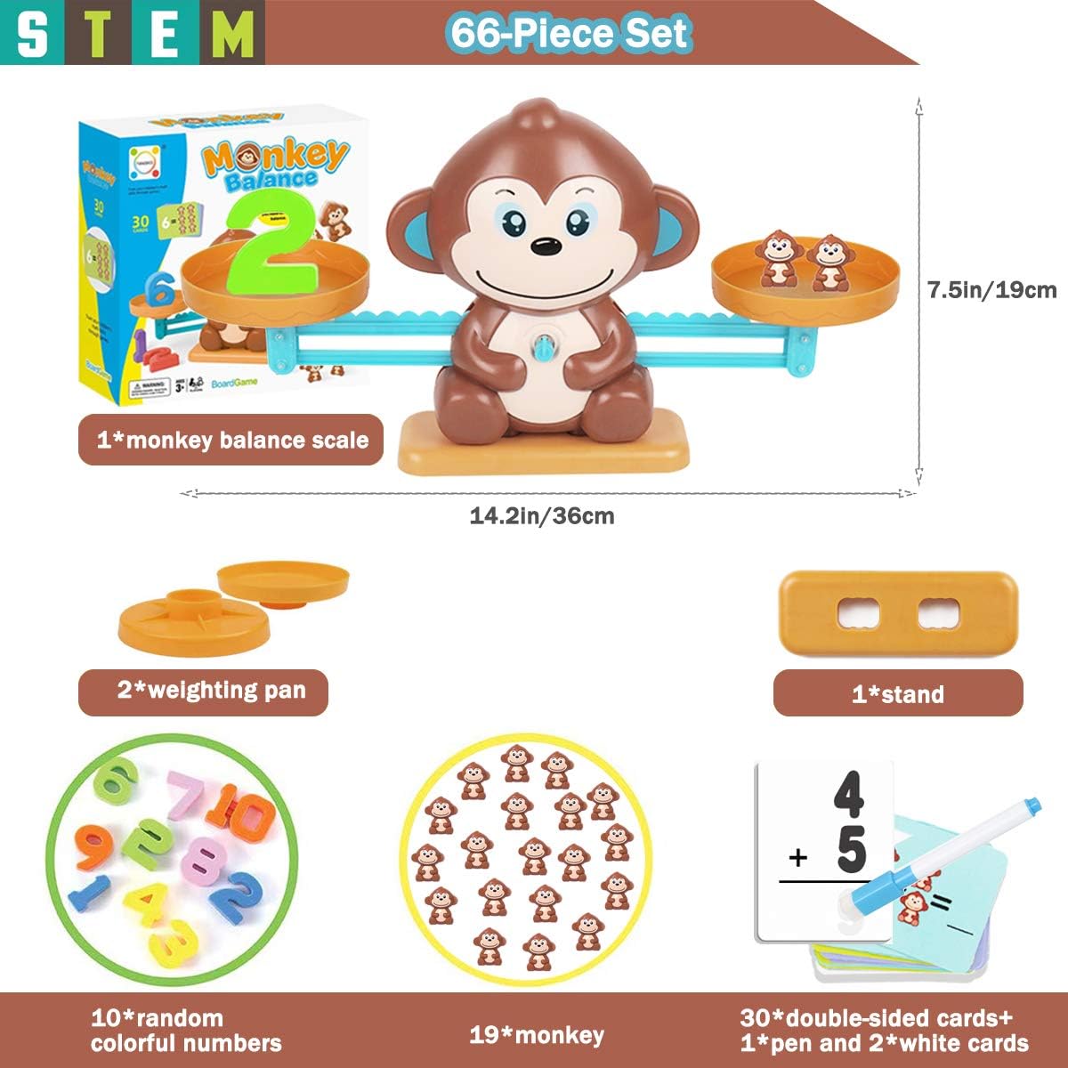 Monkey balance math game STEM set with 19 monkey figures, 10 number pieces, weighing pans, double-sided cards and pen for early math learning