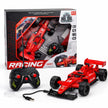 Red F1-style remote control racing car for kids with smoke effect, front-wheel steering, open-wheel formula design and pistol grip controller