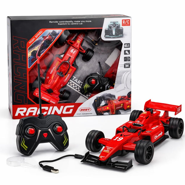 Red F1-style remote control racing car for kids with smoke effect, front-wheel steering, open-wheel formula design and pistol grip controller