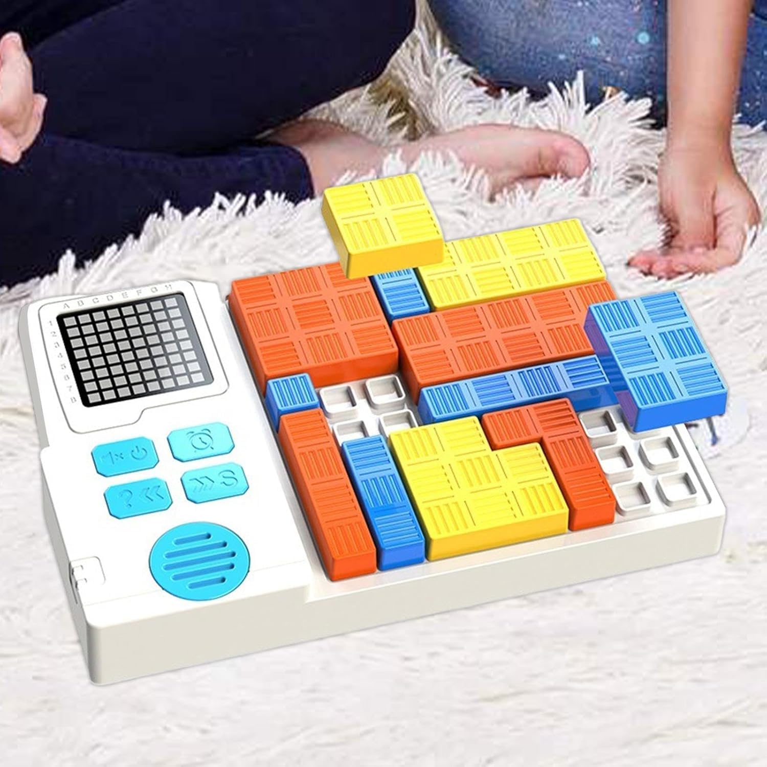 Tetris-like puzzle game with colorful blocks on a white surface