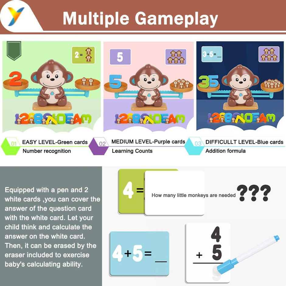 Educational game with monkey characters for number recognition, counting, and addition.