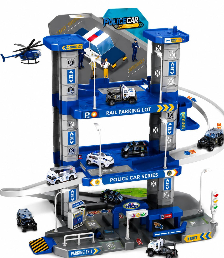 Multi-storey police station parking garage playset with spiral ramp, four police vehicles, helicopter, helipad and accessories for kids pretend play