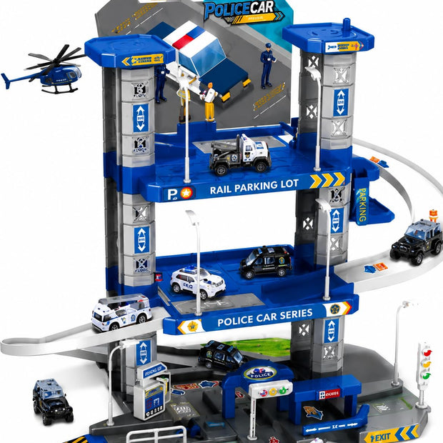 Multi-storey police station parking garage playset with spiral ramp, four police vehicles, helicopter, helipad and accessories for kids pretend play