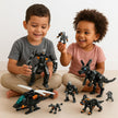 Two children playing with toy figures on a light-colored floor.