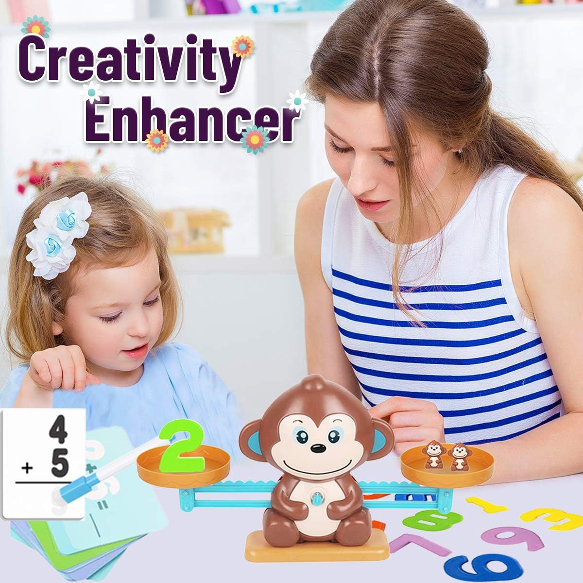 Woman and child playing with a monkey-themed educational toy, labeled 'Creativity Enhancer'.