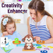Woman and child playing with a monkey-themed educational toy, labeled 'Creativity Enhancer'.
