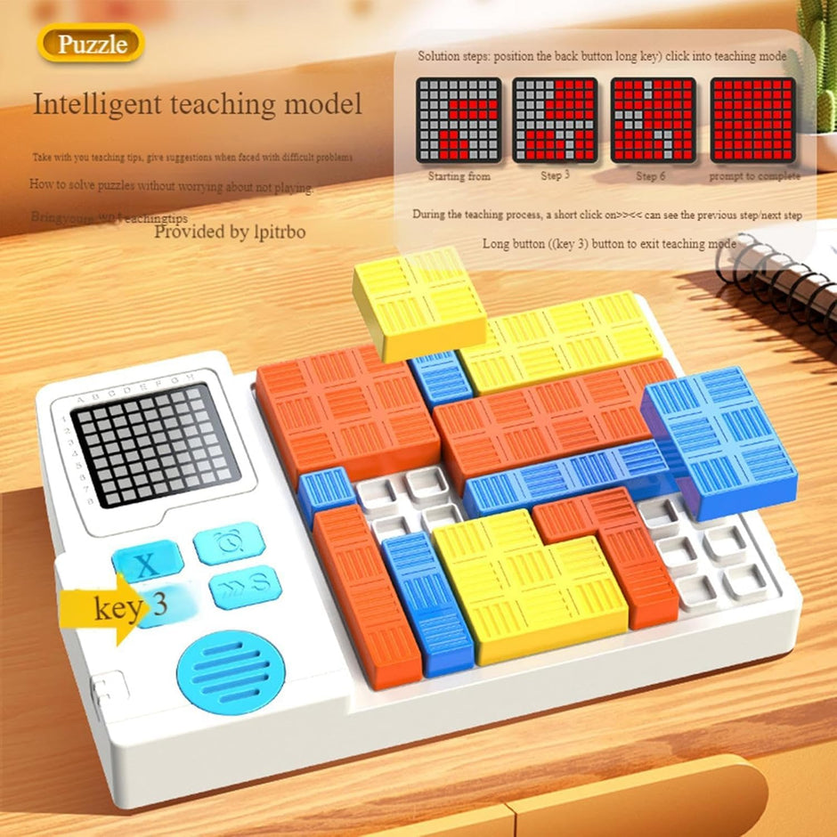 Intelligent teaching model with colorful blocks on a wooden surface
