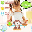 Child playing with a math-themed toy featuring a monkey and number cards, with text indicating interactive learning and counting.