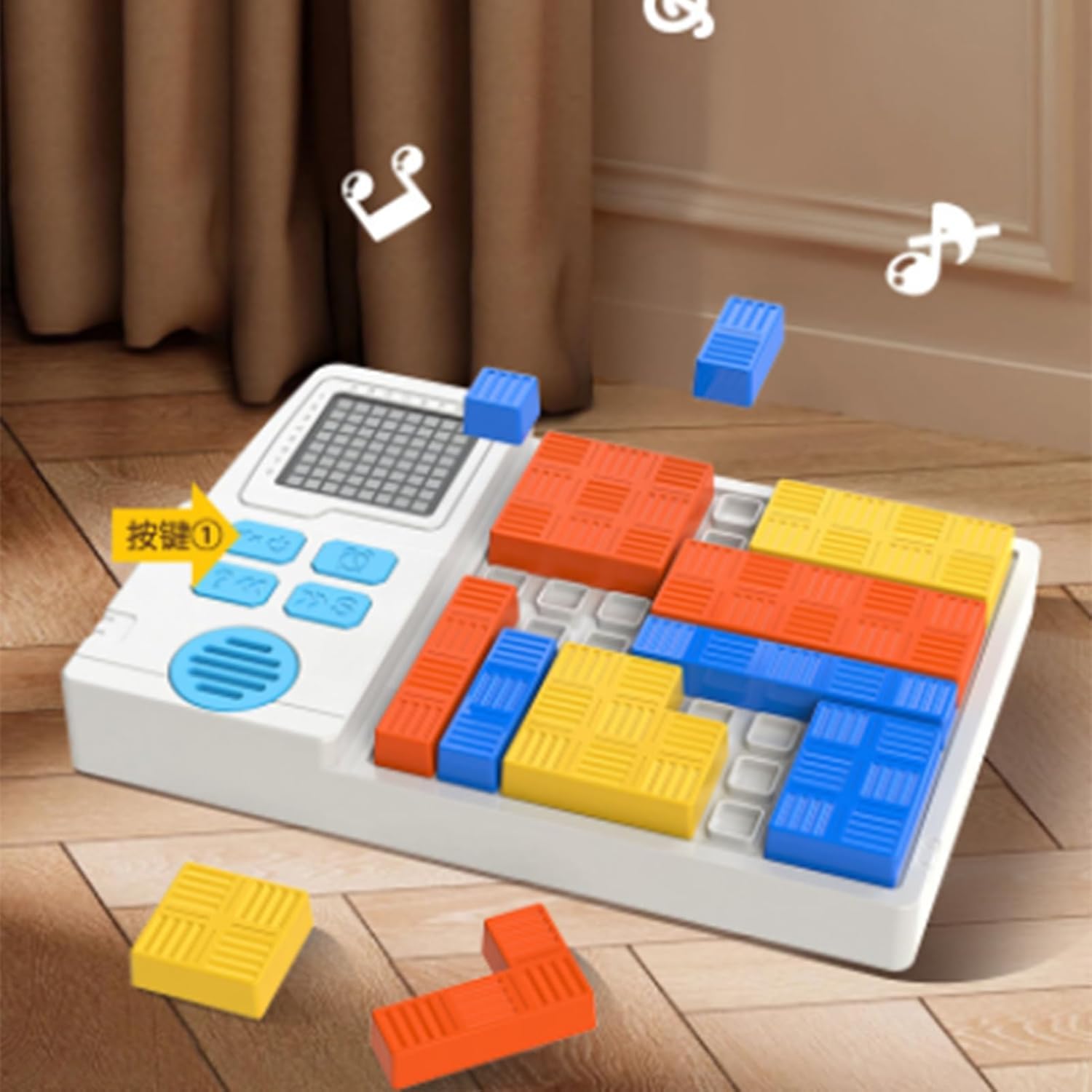 Colorful toy building block set on a wooden floor with cartoonish arm and leg graphics.