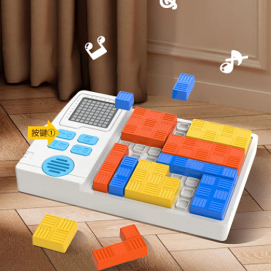 Colorful toy building block set on a wooden floor with cartoonish arm and leg graphics.