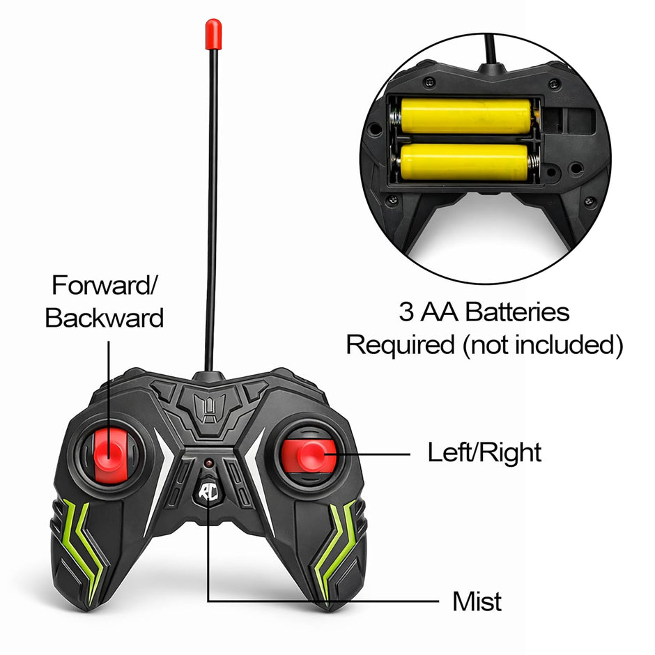 Black remote control with red buttons and battery compartment on a white background