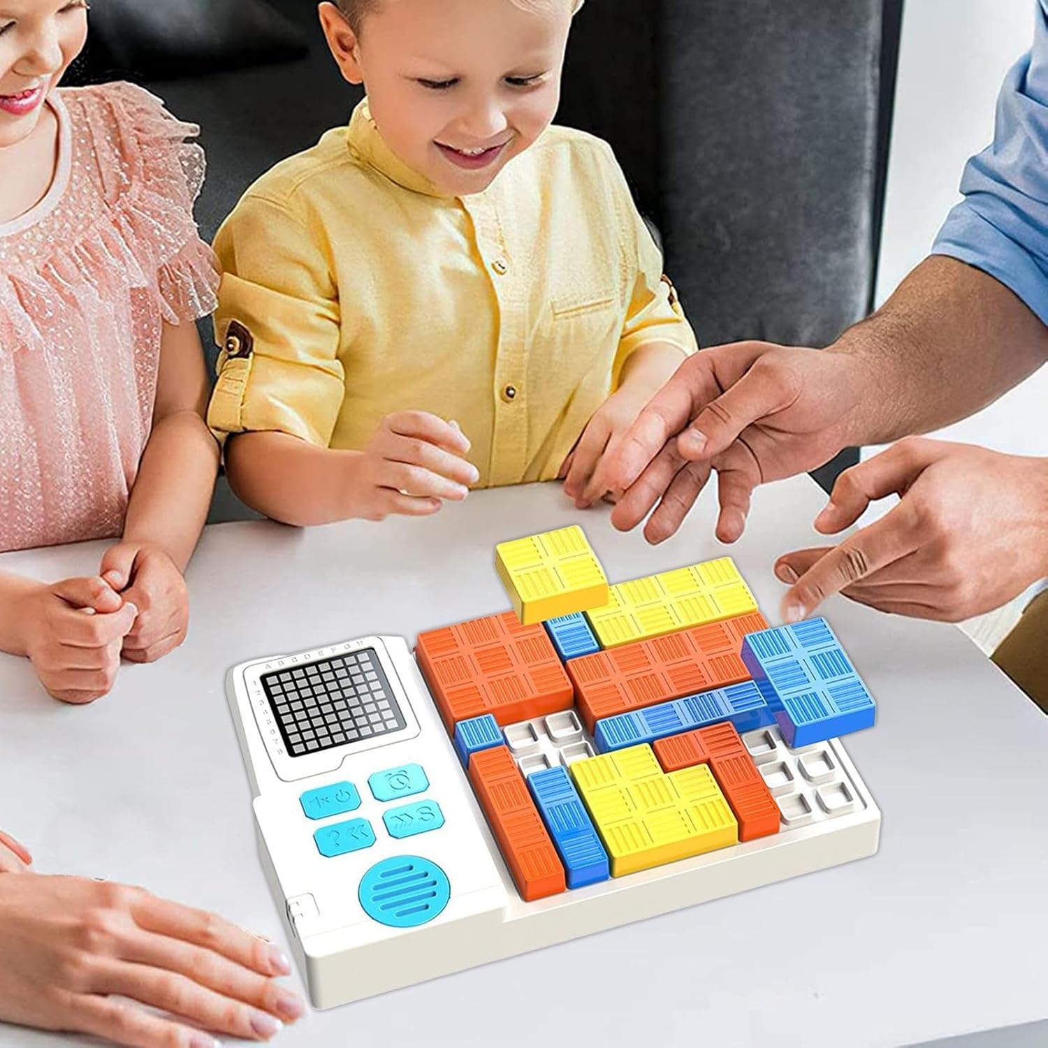 Children playing with a colorful electronic device on a table
