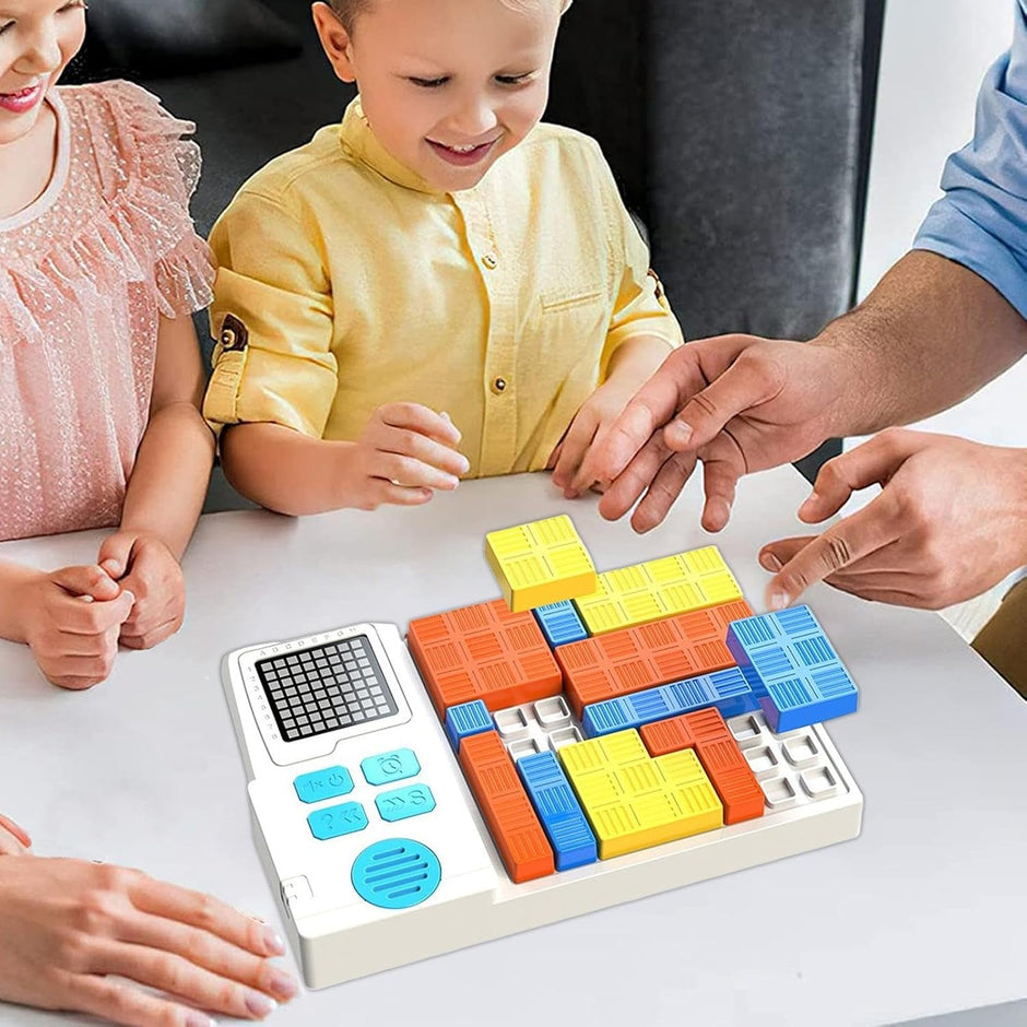 Children playing with a colorful electronic device on a table