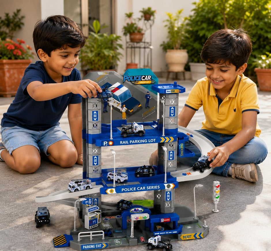 Two children playing with a toy police station set outdoors.