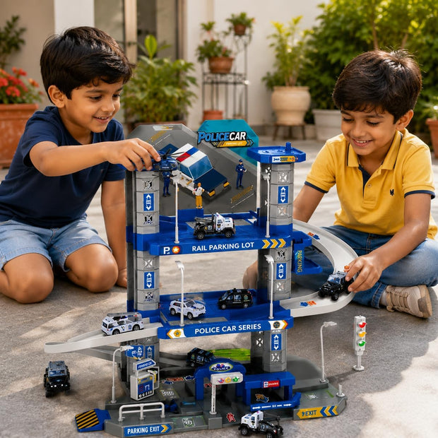 Two children playing with a toy police station set outdoors.