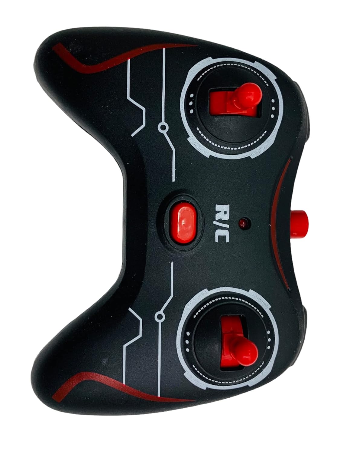Black and red remote control with 'R/C' branding on a white background