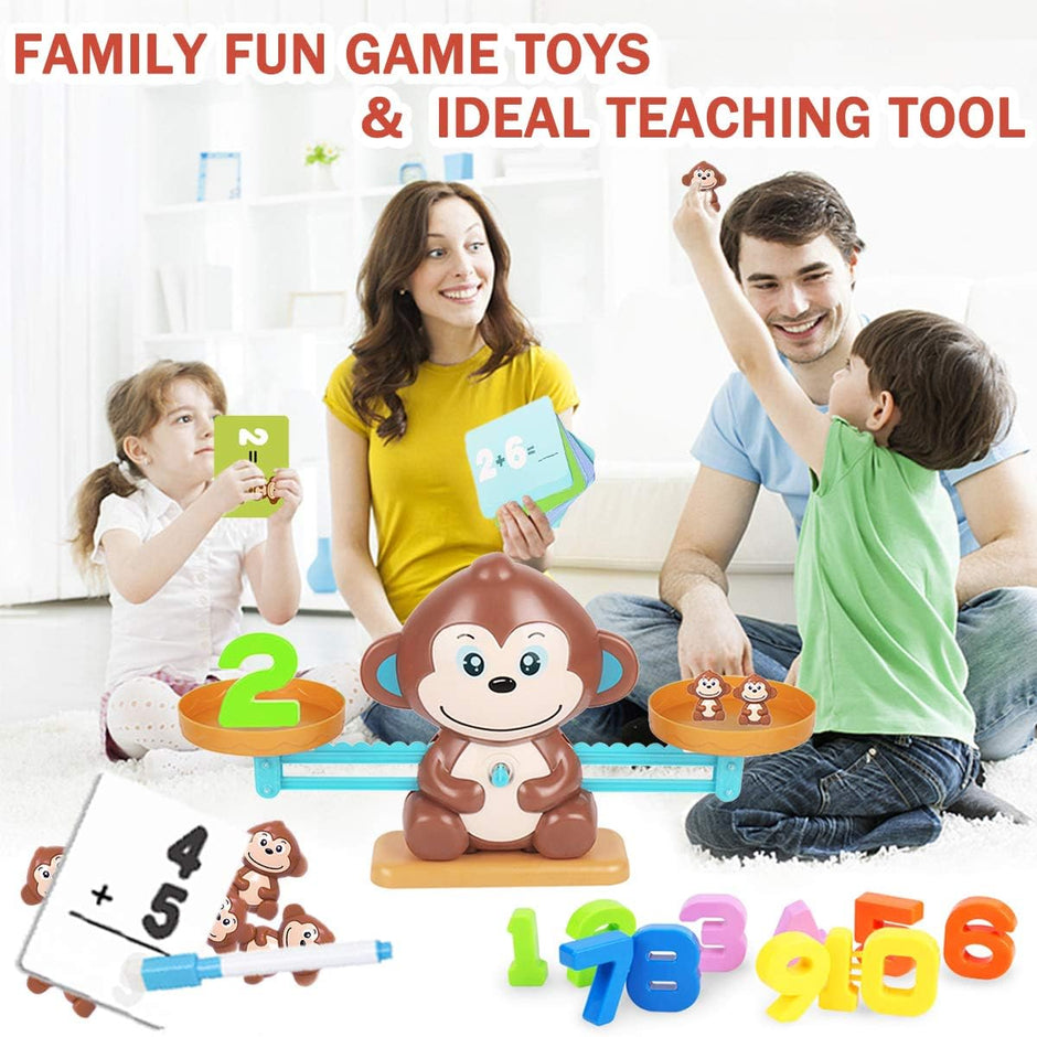 Family playing with educational toys featuring a monkey and numbers, with text about family fun and teaching tools.