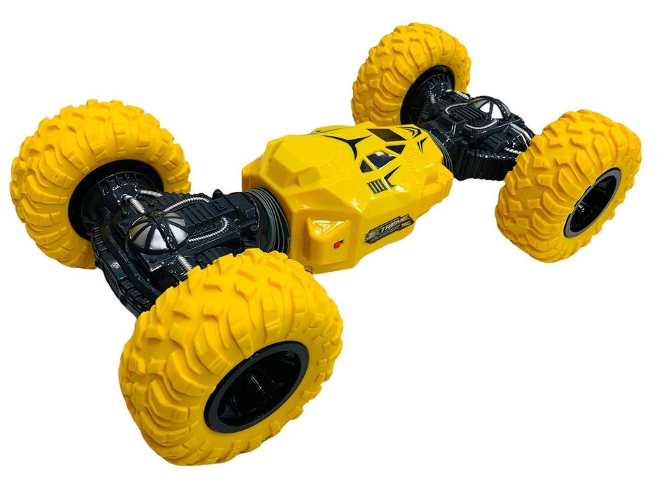 Yellow 2-sided stunt RC monster truck with oversized durable off-road tyres, 4WD chassis and 2.4GHz remote control for kids