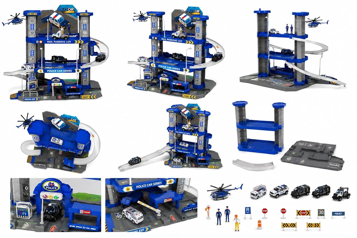 Toy police station set with various pieces including a helicopter, cars, and people on a white background.