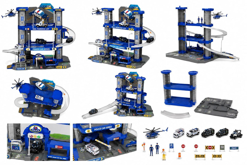 Toy police station set with various pieces including a helicopter, cars, and people on a white background.