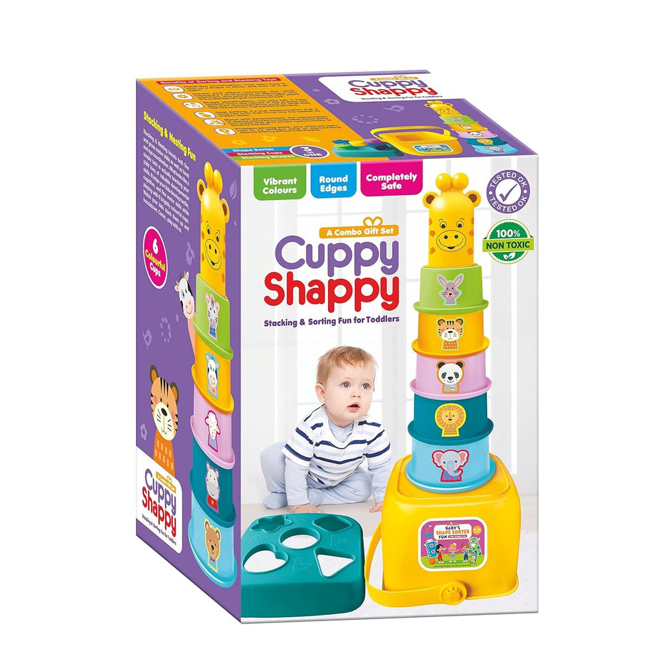 Cuppy Shappy Stacking Cups & Shape Sorter — 2-in-1 Toddler Combo Set