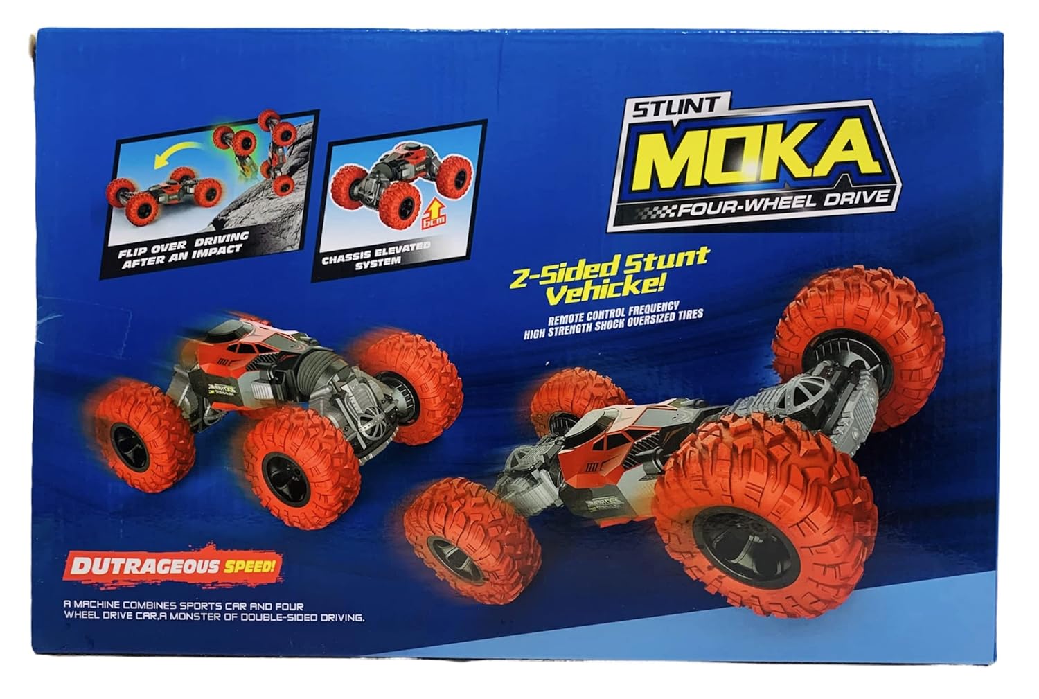Moka stunt vehicle toy set packaging with two vehicles on a blue background