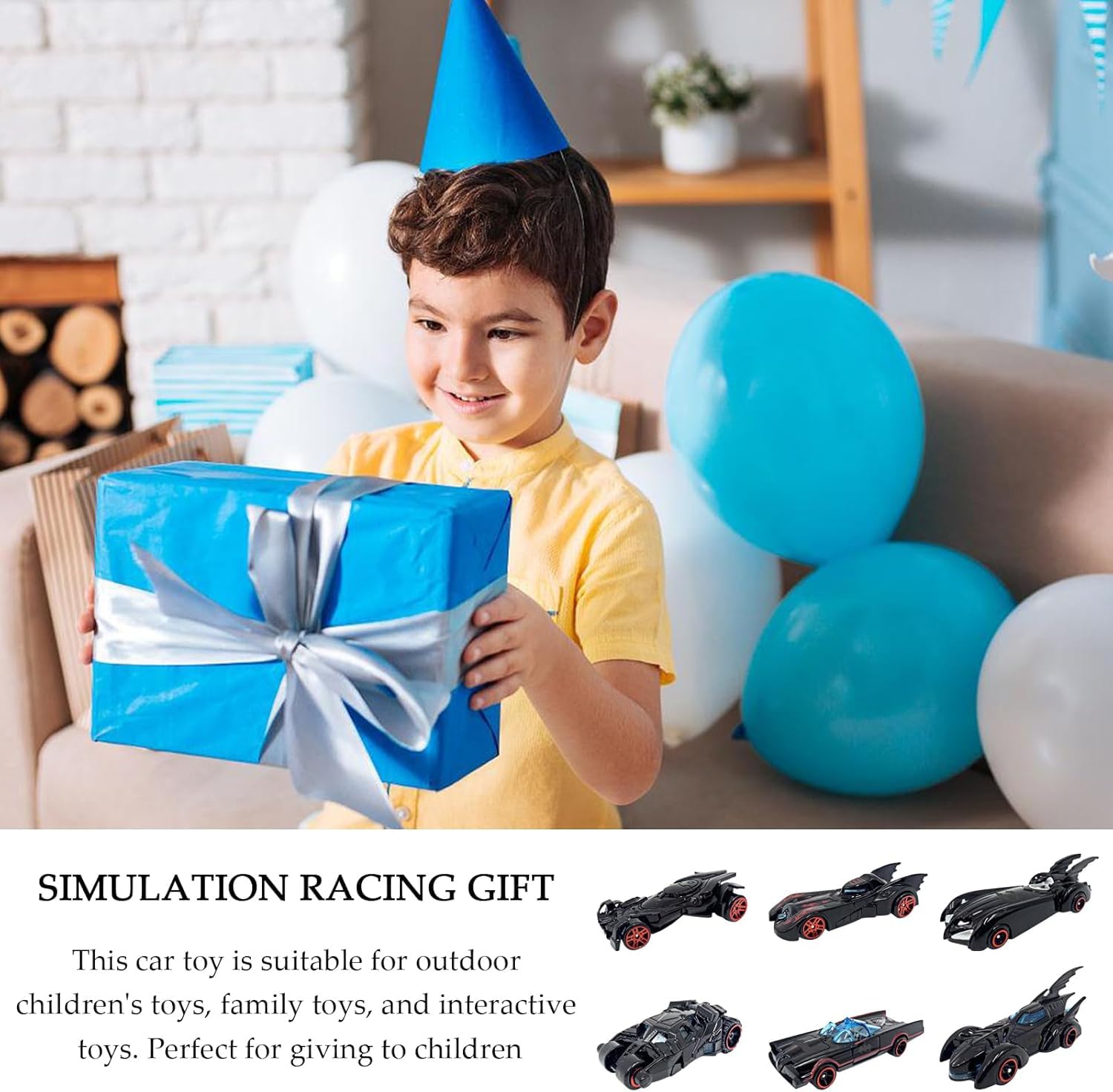 Child holding a blue gift box with balloons in the background