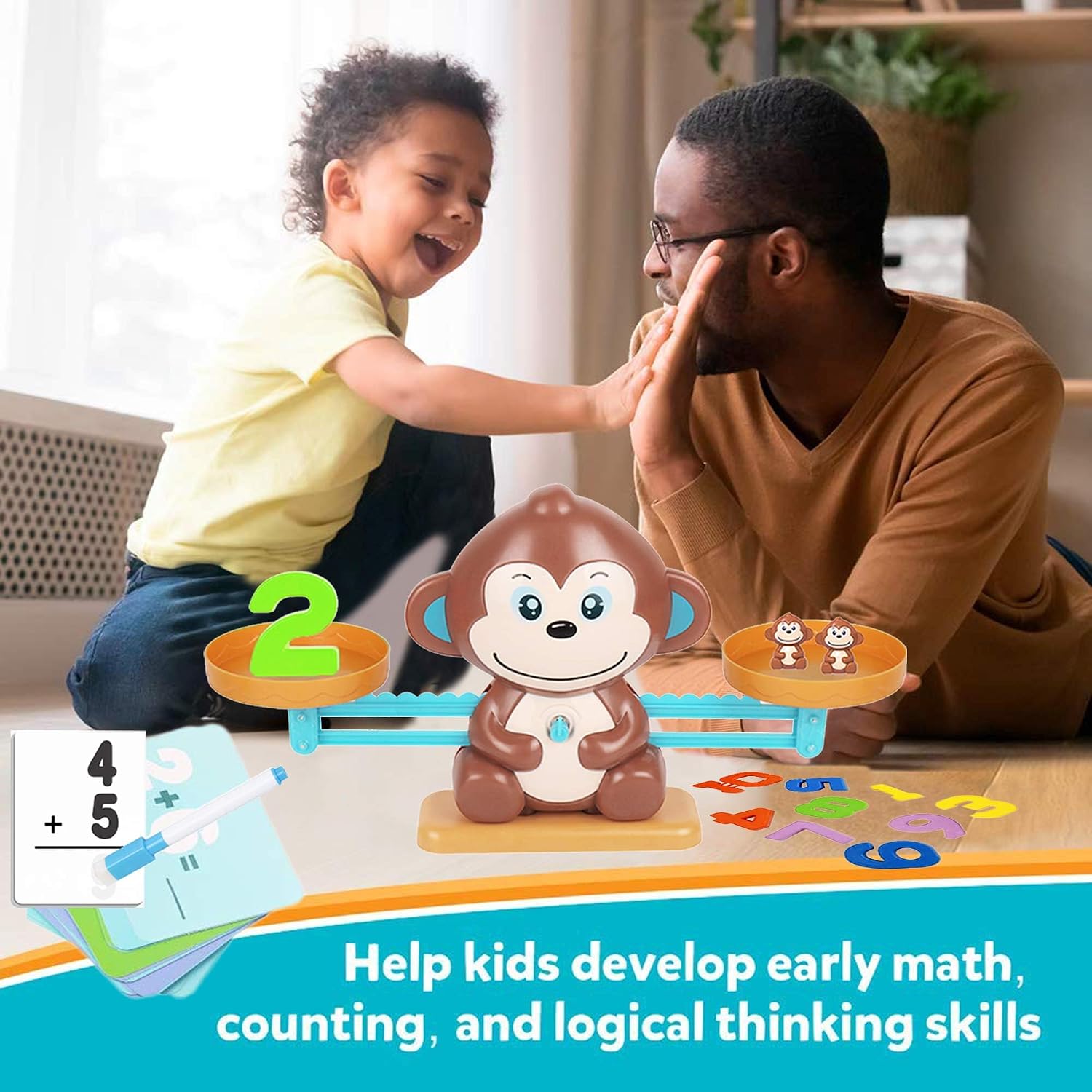 Child and adult playing with a monkey educational toy on a balance scale.