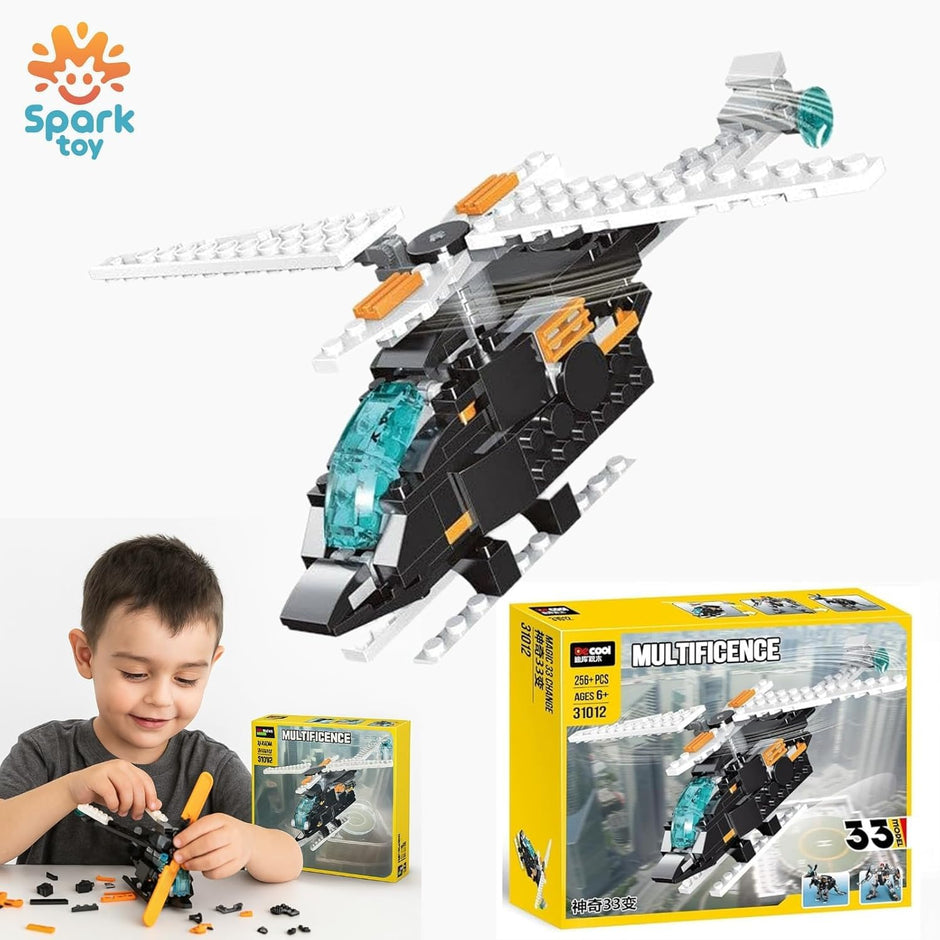 Child playing with a toy helicopter set by Spark Toy, with the toy and packaging visible.