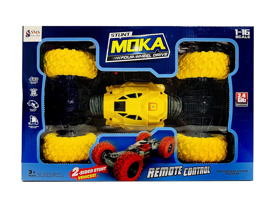 Moka remote control toy truck in packaging with blue and yellow design