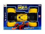 Moka remote control toy truck in packaging with blue and yellow design