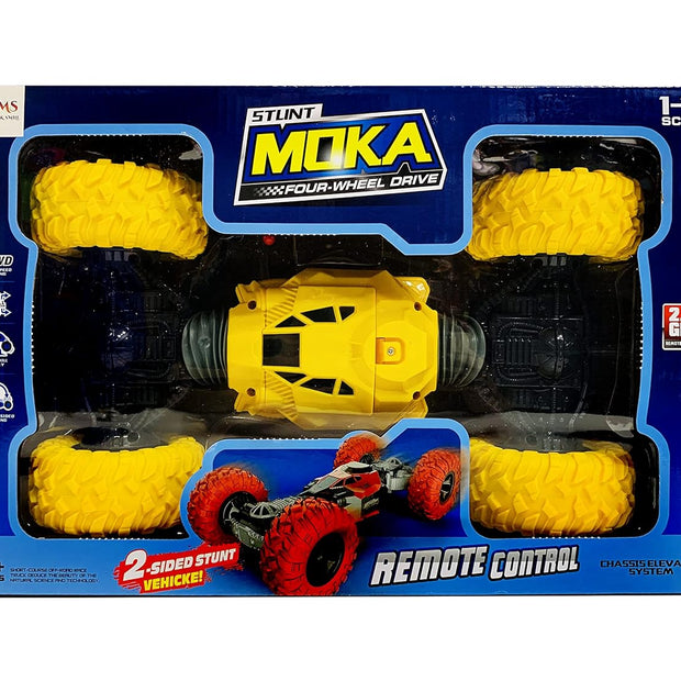 Moka remote control toy truck in packaging with blue and yellow design