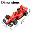 Red toy Formula 1 car with dimensions labeled on a white background
