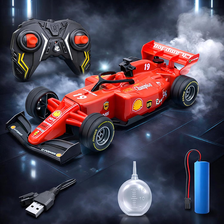 Red toy Formula 1 car with remote control, battery, and fuel pump on a dark background