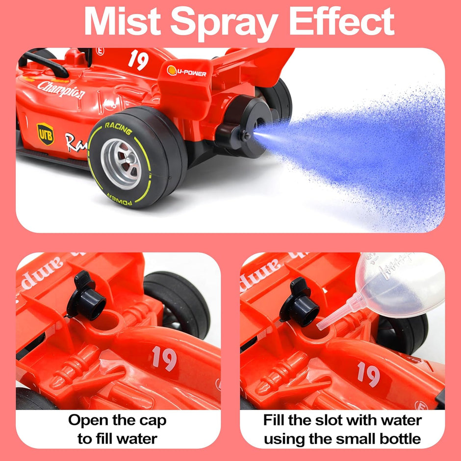 Red toy car with mist spray effect feature, showing how to fill it with water.