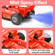 Red toy car with mist spray effect feature, showing how to fill it with water.