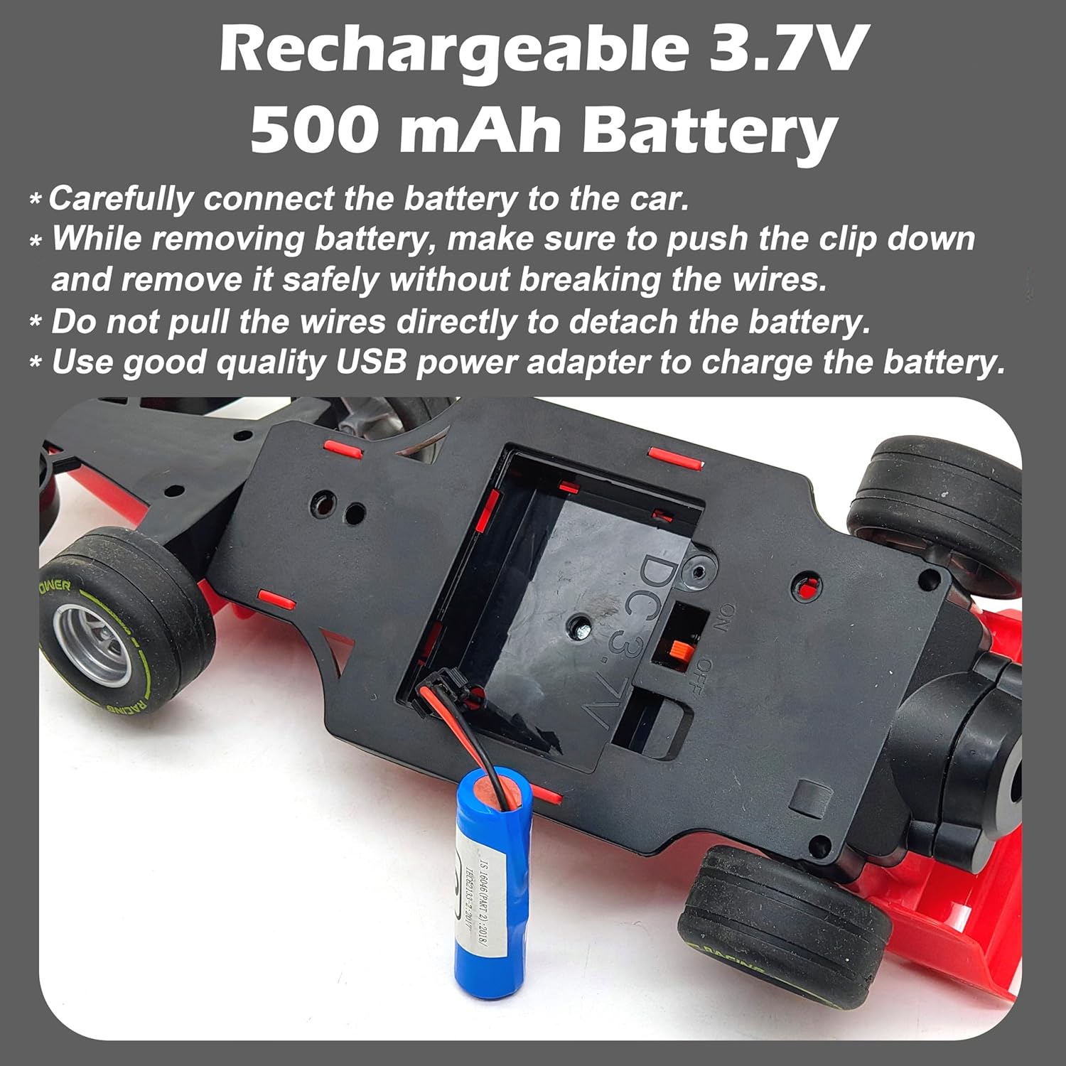 Rechargeable battery pack with USB cable and text instructions on a white background