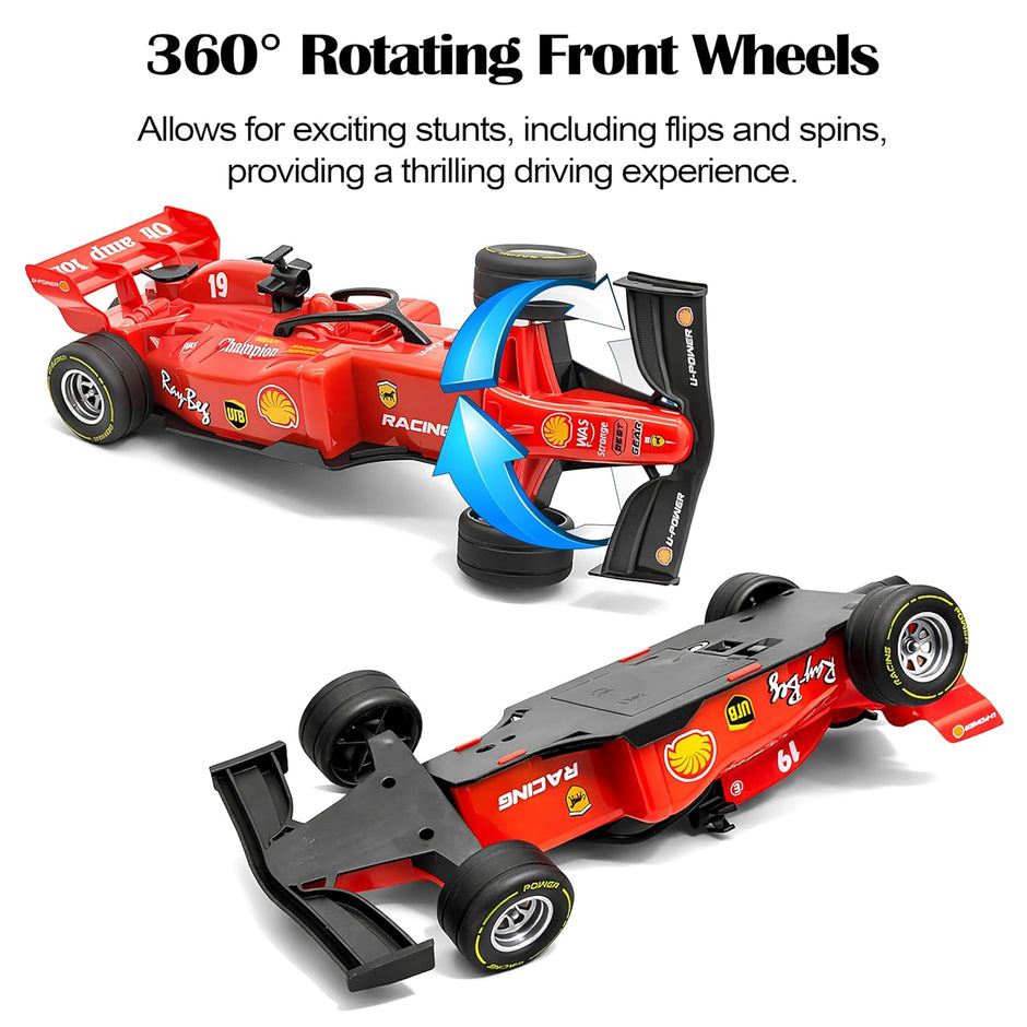 Red toy race car with 360-degree rotating front wheels on a white background
