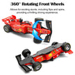 Red toy race car with 360-degree rotating front wheels on a white background