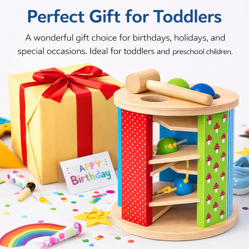 Wooden toy with colorful design, gift box, and birthday card on a white background