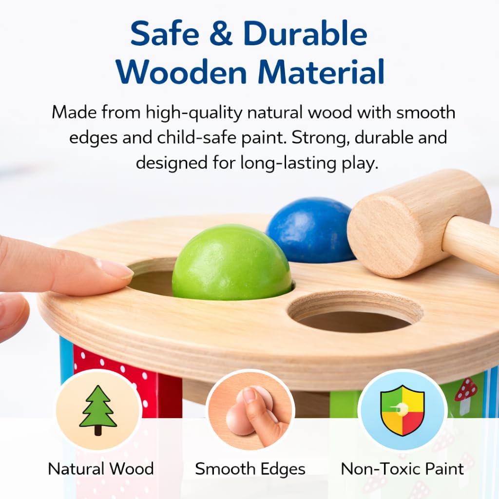 Wooden toy with colorful balls and a hammer, labeled as safe and durable with natural wood, smooth edges, and non-toxic paint.