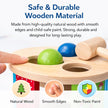Wooden toy with colorful balls and a hammer, labeled as safe and durable with natural wood, smooth edges, and non-toxic paint.