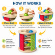 Wooden toy with colorful design and labeled steps for use