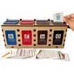 Wooden waste sorting Garbage Classification learning box with four coloured bin slots for recyclable, hazardous, food and residual waste, with illustrated picture cards