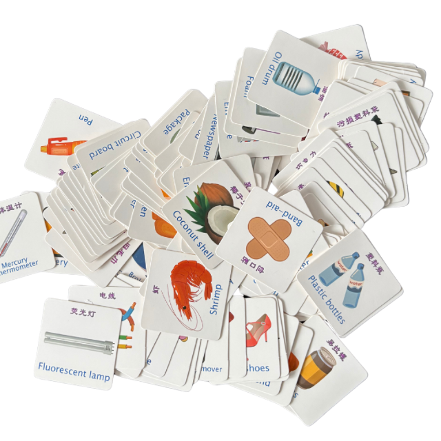 Wooden waste sorting Garbage Classification learning box with four coloured bin slots for recyclable, hazardous, food and residual waste, with illustrated picture cards