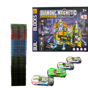 Diamond Magnetic Tile Building Blocks Parking Lot Set - 88 Pieces with LED Lights & Alloy Cars