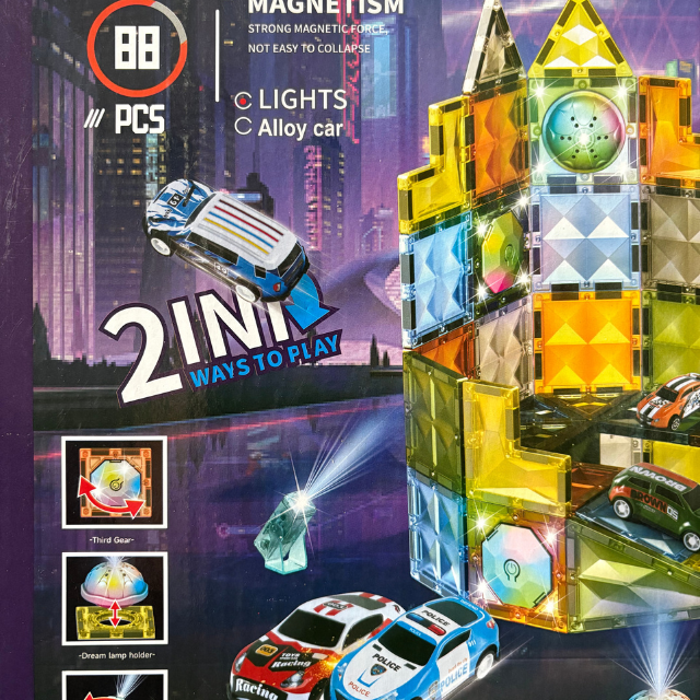 Diamond Magnetic Tile Building Blocks Parking Lot Set - 88 Pieces with LED Lights & Alloy Cars
