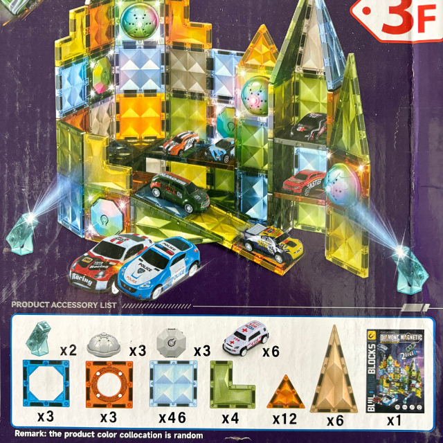Diamond Magnetic Tile Building Blocks Parking Lot Set - 88 Pieces with LED Lights & Alloy Cars