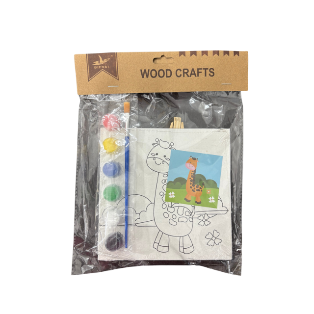 Children's canvas painting kit with pre-sketched landscape canvas, 6 colourful paint pots, a paintbrush and a mini wooden easel stand, packaged as a complete art set for kids