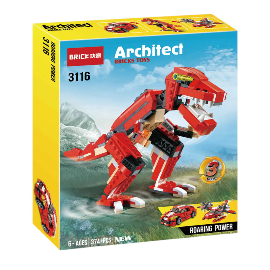 3-in-1 dinosaur building brick set with 374 pieces for kids to build T-Rex, sports car and aircraft models, STEM toy for ages 6 and above